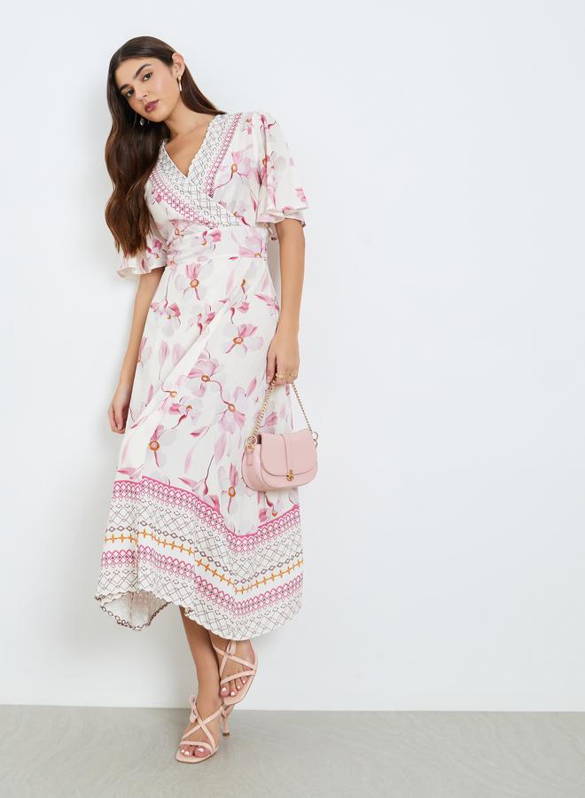 Styli Women Pink Floral Short Sleeves A-Line Maxi Dress - Image 5